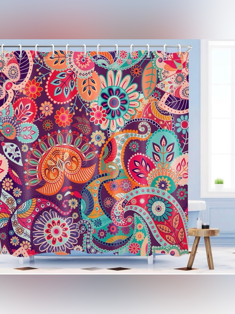 NEW Boho Purple Orange Floral Paisley Shower Curtain - 72”x72” - Polyester
